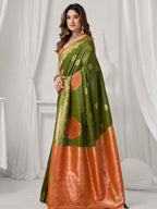 Monjolika Fashion Mehendi Green Soft Banarasi Silk Blend Zari Woven Saree with Blouse Piece | Grocsy