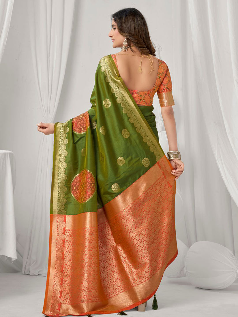 Monjolika Fashion Mehendi Green Soft Banarasi Silk Blend Zari Woven Saree with Blouse Piece | Grocsy