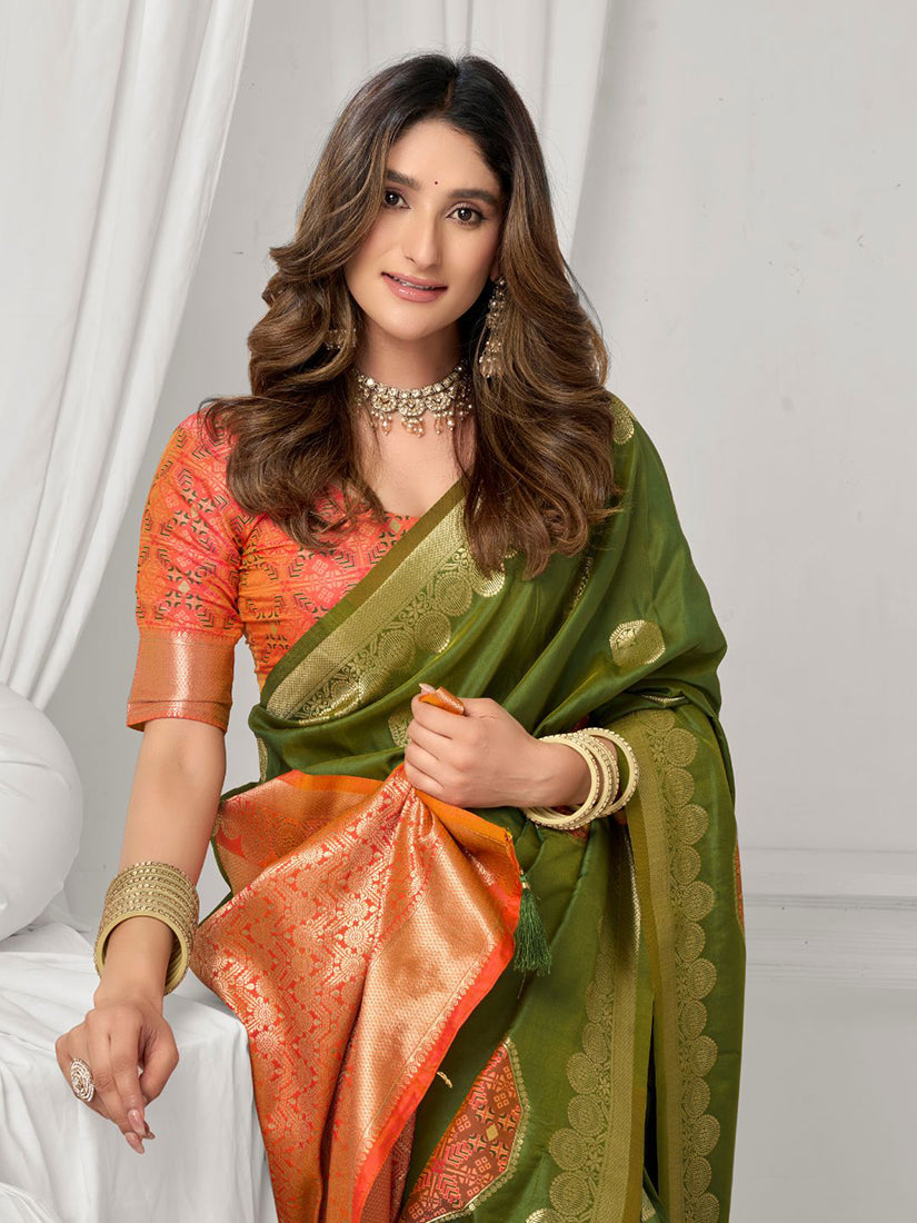 Monjolika Fashion Mehendi Green Soft Banarasi Silk Blend Zari Woven Saree with Blouse Piece | Grocsy