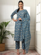 Yufta Pure Cotton Straight Blue Kurta Dupatta Set | Grocsy