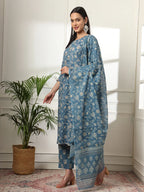 Yufta Pure Cotton Straight Blue Kurta Dupatta Set | Grocsy