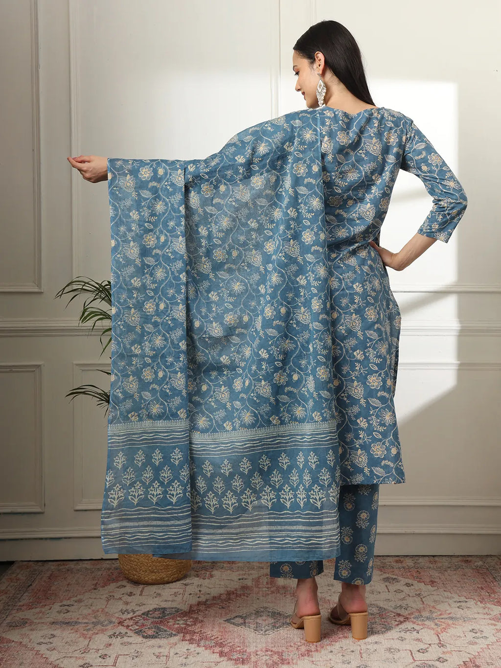 Yufta Pure Cotton Straight Blue Kurta Dupatta Set | Grocsy