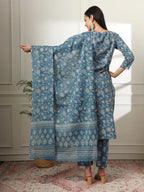 Yufta Pure Cotton Straight Blue Kurta Dupatta Set | Grocsy