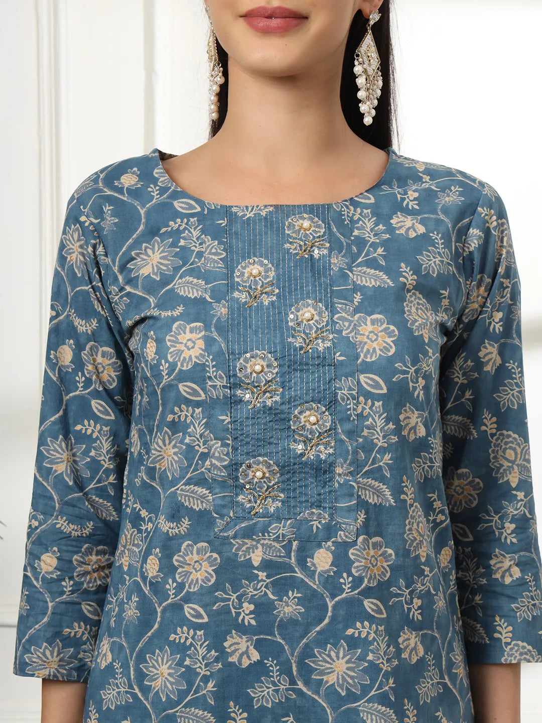 Yufta Pure Cotton Straight Blue Kurta Dupatta Set | Grocsy