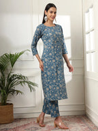 Yufta Pure Cotton Straight Blue Kurta Dupatta Set | Grocsy