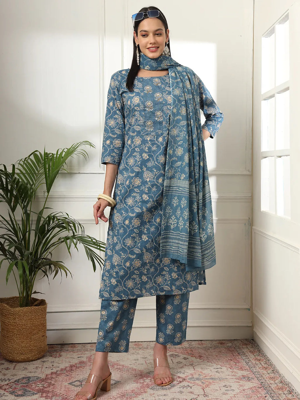 Yufta Pure Cotton Straight Blue Kurta Dupatta Set | Grocsy