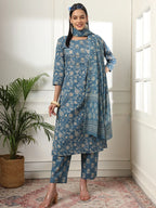 Yufta Pure Cotton Straight Blue Kurta Dupatta Set | Grocsy
