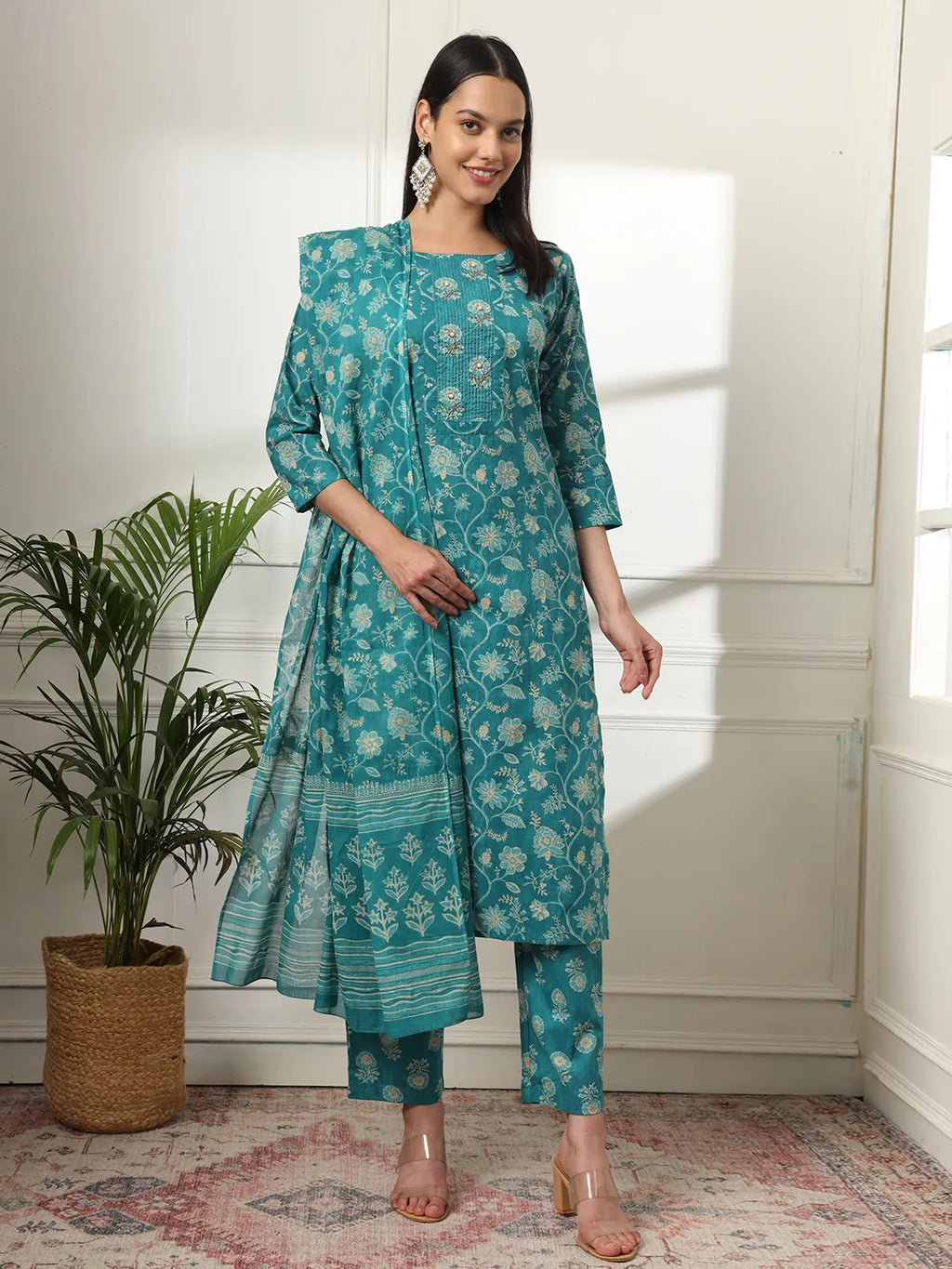 Yufta Cotton Straight Turquoise Blue Kurta Dupatta Set | Grocsy