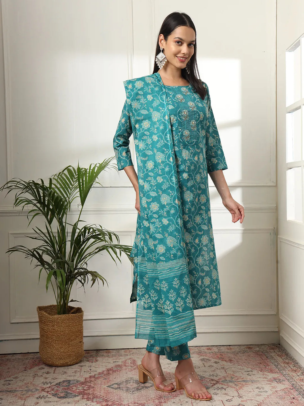 Yufta Cotton Straight Turquoise Blue Kurta Dupatta Set | Grocsy