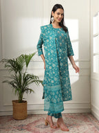 Yufta Cotton Straight Turquoise Blue Kurta Dupatta Set | Grocsy