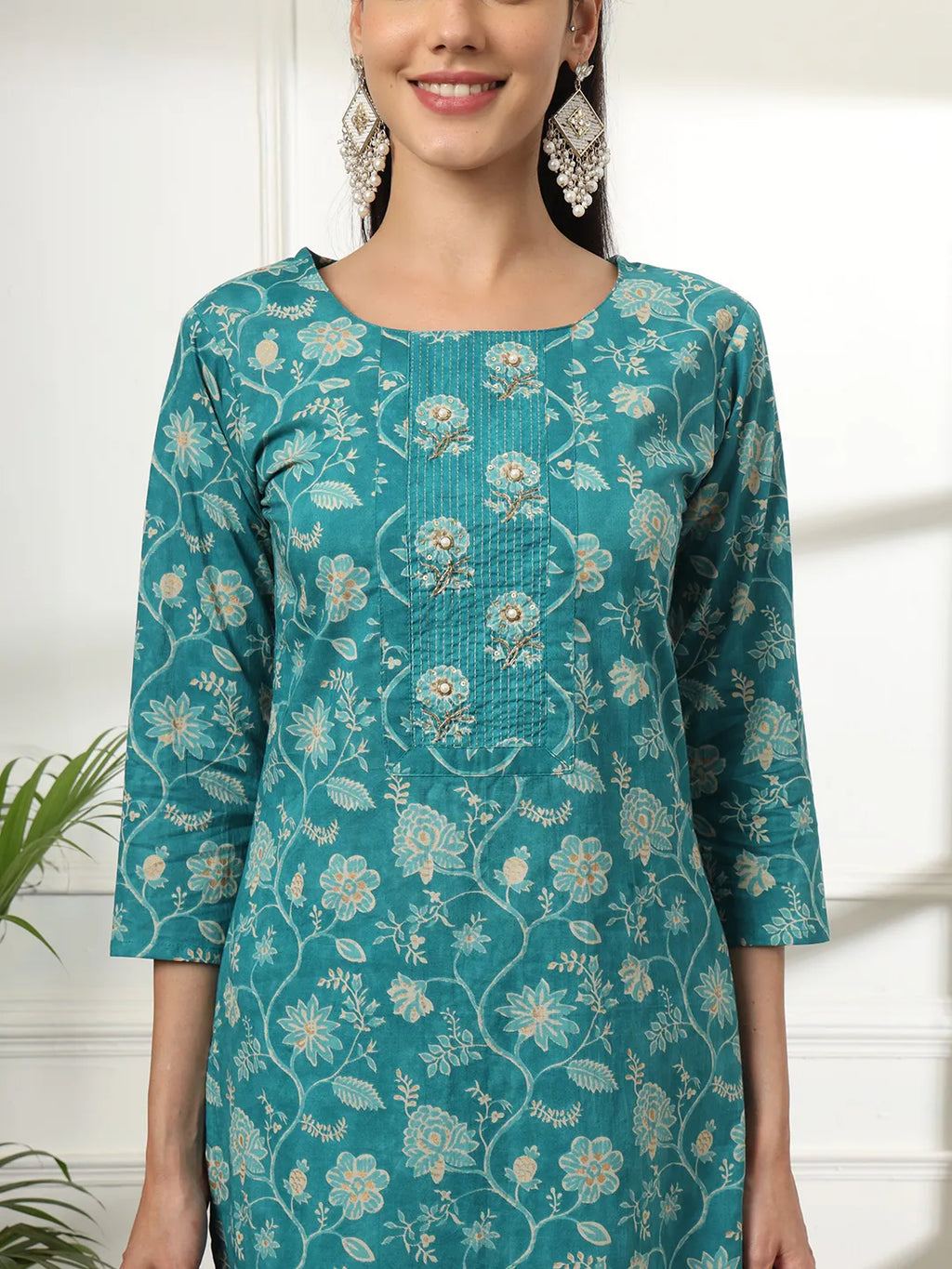 Yufta Cotton Straight Turquoise Blue Kurta Dupatta Set | Grocsy