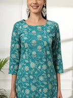 Yufta Cotton Straight Turquoise Blue Kurta Dupatta Set | Grocsy