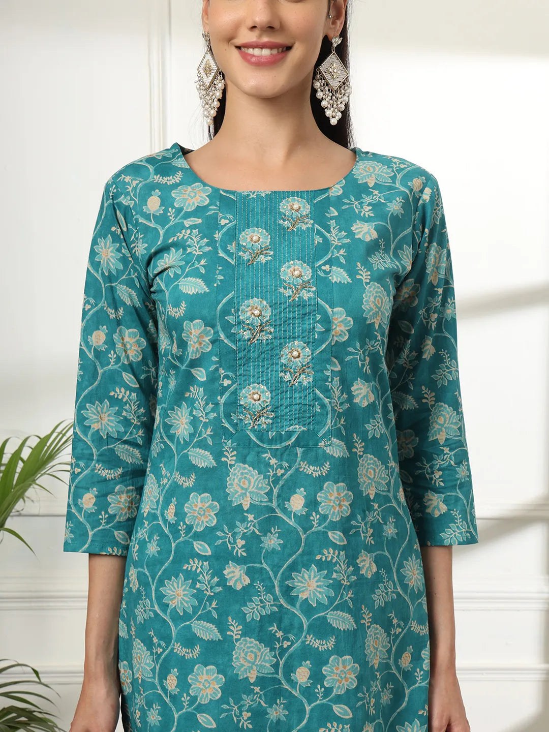 Yufta Cotton Straight Turquoise Blue Kurta Dupatta Set | Grocsy