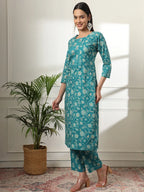Yufta Cotton Straight Turquoise Blue Kurta Dupatta Set | Grocsy