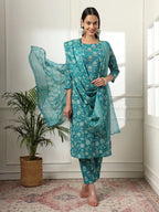 Yufta Cotton Straight Turquoise Blue Kurta Dupatta Set | Grocsy