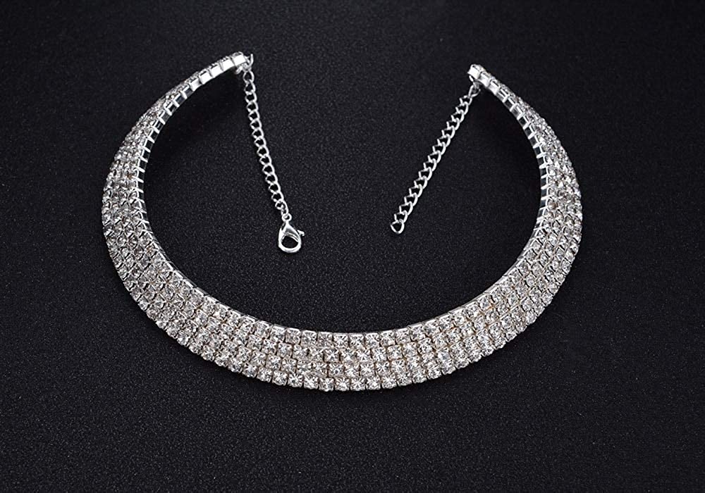 Silver-Toned Alloy Rhinestones Studded Choker Necklace - The Pari | Grocsy