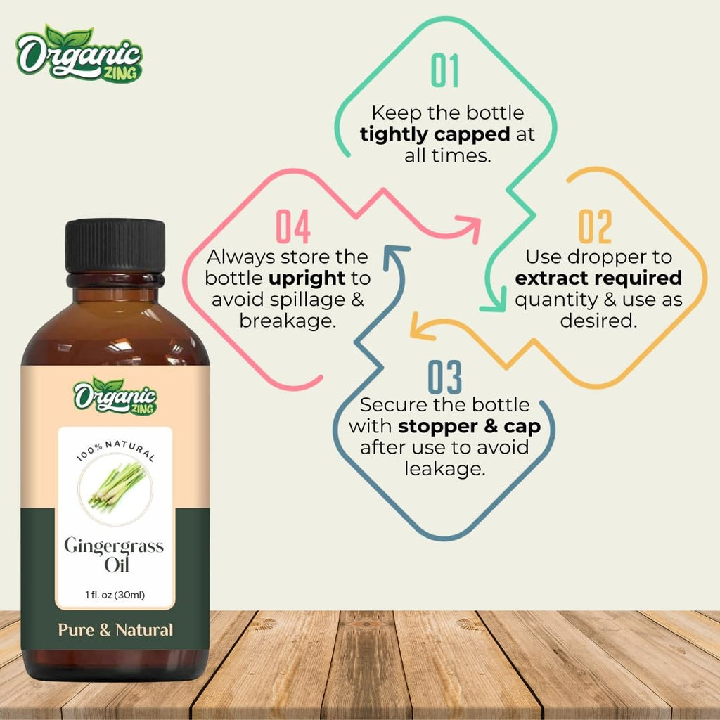 Organic Zing Gingergrass (Cymbopogon martinii) Oil | Pure & Natural Essential Oil for Skincare, Hair Care, Aroma and Diffusers | Grocsy