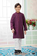 Raivat Ethnic Art Silk Embroidery Work Kids Kurta Pajama In Wine Colour | Grocsy
