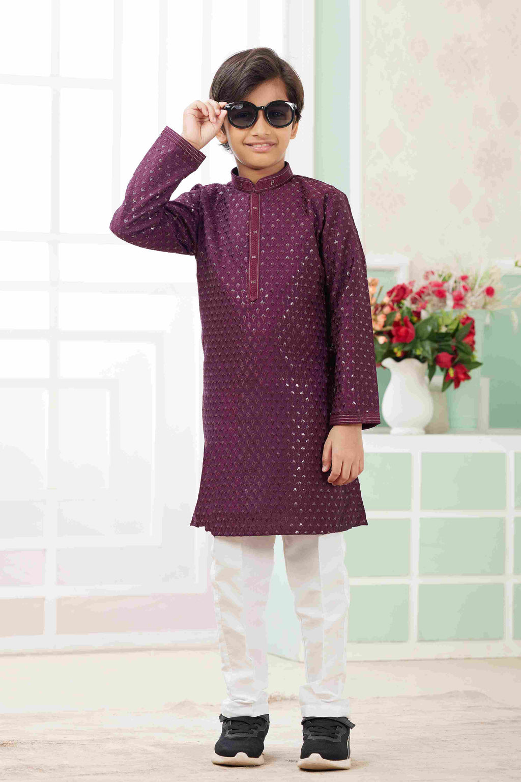 Raivat Ethnic Art Silk Embroidery Work Kids Kurta Pajama In Wine Colour | Grocsy