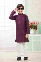 Raivat Ethnic Art Silk Embroidery Work Kids Kurta Pajama In Wine Colour | Grocsy