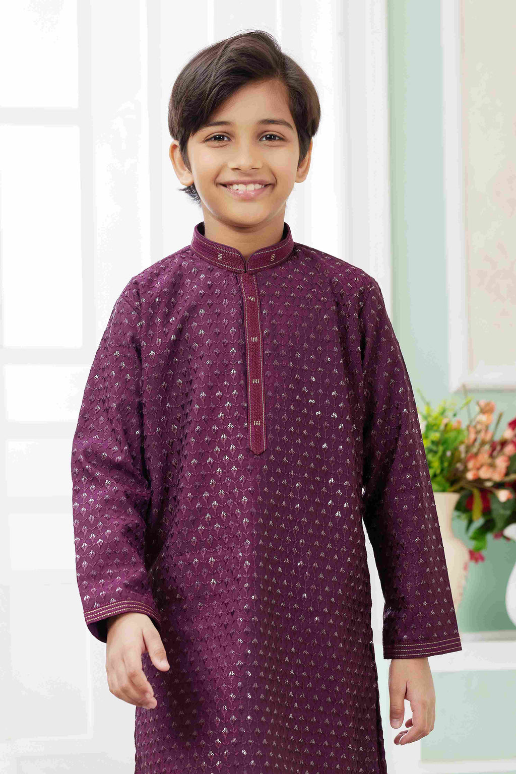 Raivat Ethnic Art Silk Embroidery Work Kids Kurta Pajama In Wine Colour | Grocsy