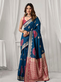 Monjolika Fashion Navy Blue Soft Banarasi Silk Blend Zari Woven Saree with Blouse Piece | Grocsy