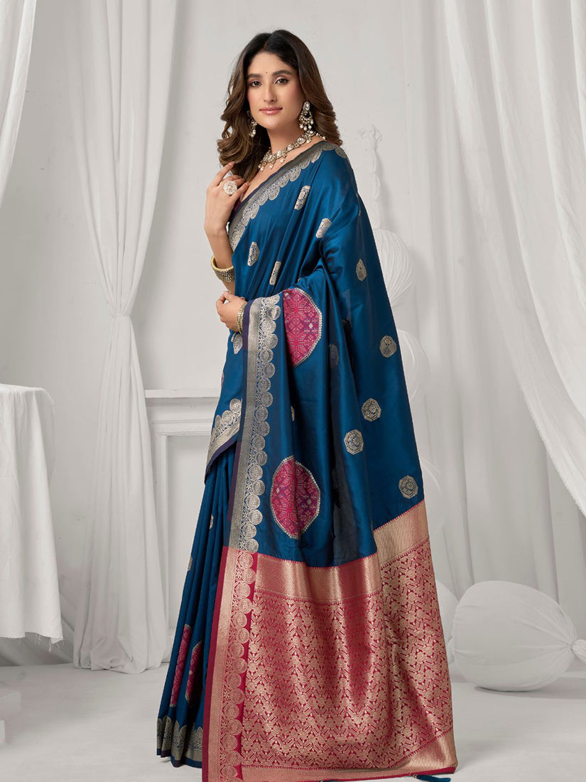 Monjolika Fashion Navy Blue Soft Banarasi Silk Blend Zari Woven Saree with Blouse Piece | Grocsy