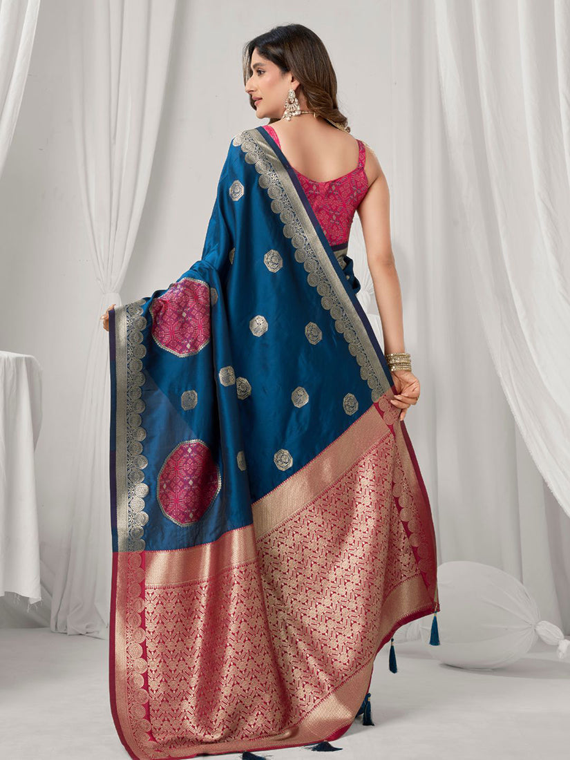Monjolika Fashion Navy Blue Soft Banarasi Silk Blend Zari Woven Saree with Blouse Piece | Grocsy