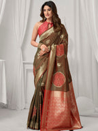 Monjolika Fashion Brown Soft Banarasi Silk Blend Zari Woven Saree with Blouse Piece | Grocsy