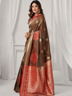 Monjolika Fashion Brown Soft Banarasi Silk Blend Zari Woven Saree with Blouse Piece | Grocsy