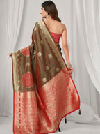 Monjolika Fashion Brown Soft Banarasi Silk Blend Zari Woven Saree with Blouse Piece | Grocsy