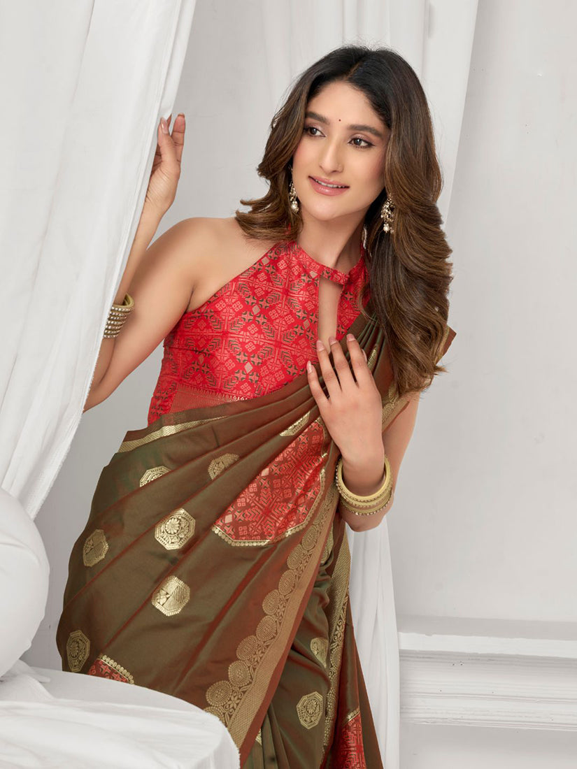 Monjolika Fashion Brown Soft Banarasi Silk Blend Zari Woven Saree with Blouse Piece | Grocsy