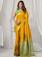 Monjolika Fashion Mustard Soft Banarasi Silk Blend Zari Woven Saree with Blouse Piece | Grocsy