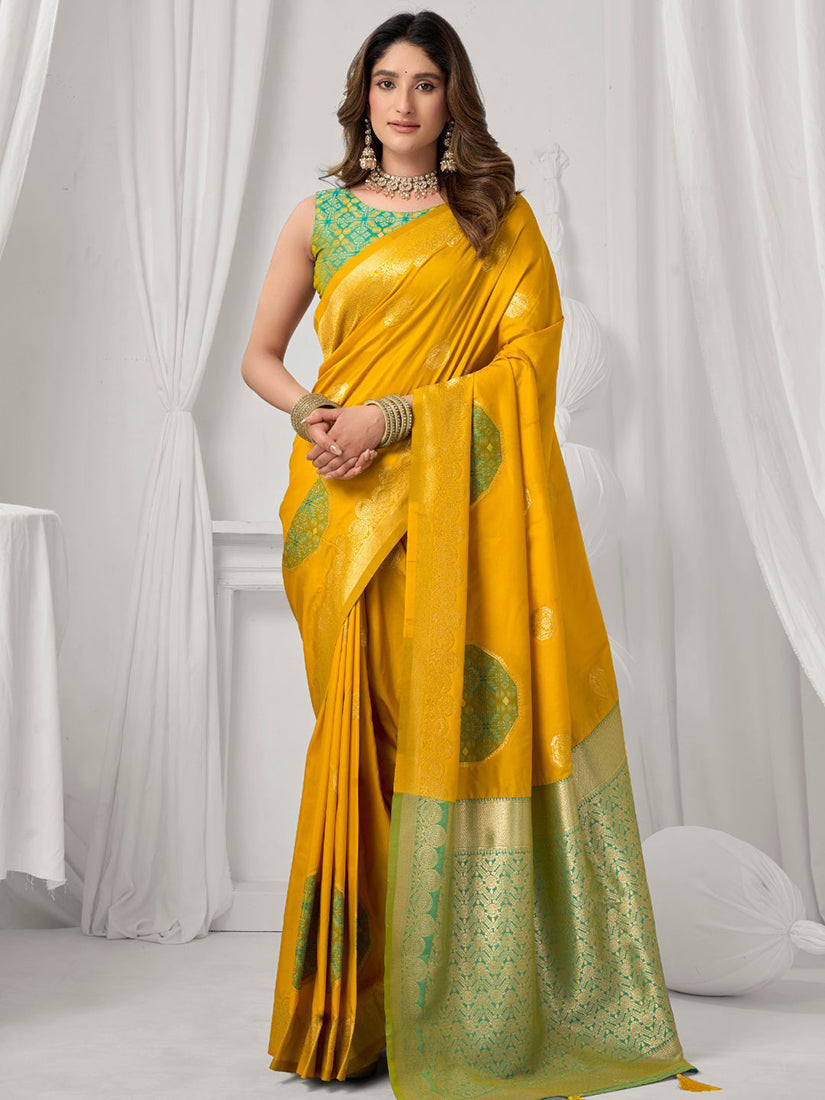Monjolika Fashion Mustard Soft Banarasi Silk Blend Zari Woven Saree with Blouse Piece | Grocsy