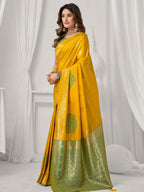 Monjolika Fashion Mustard Soft Banarasi Silk Blend Zari Woven Saree with Blouse Piece | Grocsy