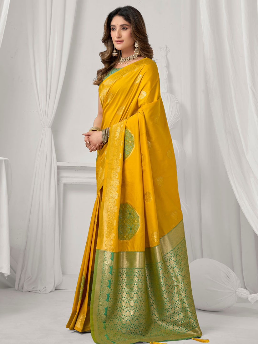 Monjolika Fashion Mustard Soft Banarasi Silk Blend Zari Woven Saree with Blouse Piece | Grocsy