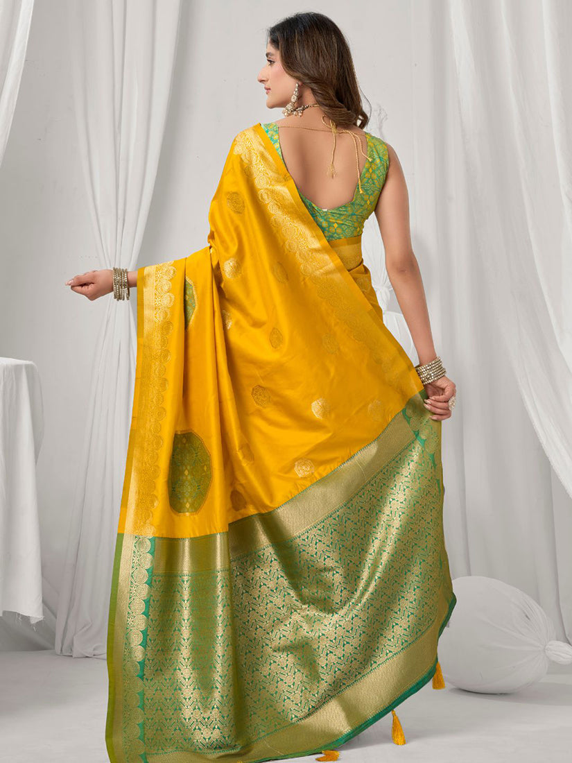 Monjolika Fashion Mustard Soft Banarasi Silk Blend Zari Woven Saree with Blouse Piece | Grocsy