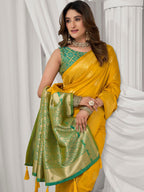 Monjolika Fashion Mustard Soft Banarasi Silk Blend Zari Woven Saree with Blouse Piece | Grocsy