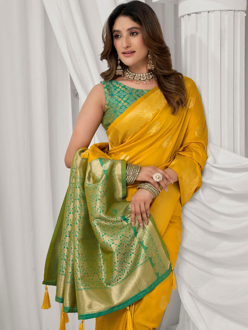 Monjolika Fashion Mustard Soft Banarasi Silk Blend Zari Woven Saree with Blouse Piece | Grocsy