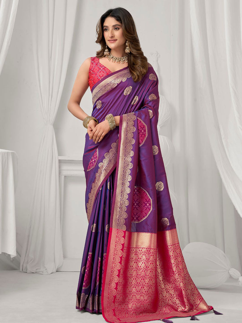 Monjolika Fashion Violet Soft Banarasi Silk Blend Zari Woven Saree with Blouse Piece | Grocsy