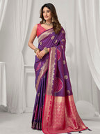 Monjolika Fashion Violet Soft Banarasi Silk Blend Zari Woven Saree with Blouse Piece | Grocsy