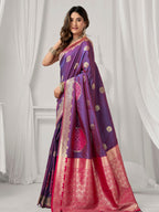 Monjolika Fashion Violet Soft Banarasi Silk Blend Zari Woven Saree with Blouse Piece | Grocsy