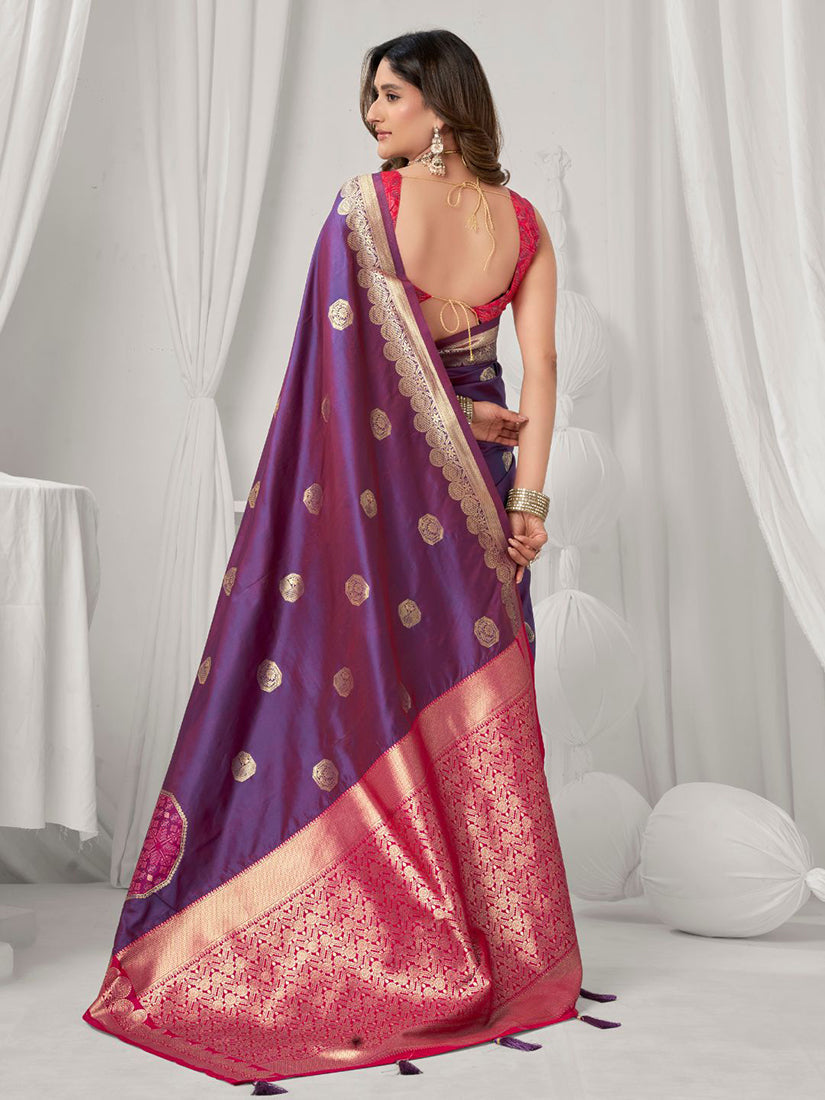 Monjolika Fashion Violet Soft Banarasi Silk Blend Zari Woven Saree with Blouse Piece | Grocsy