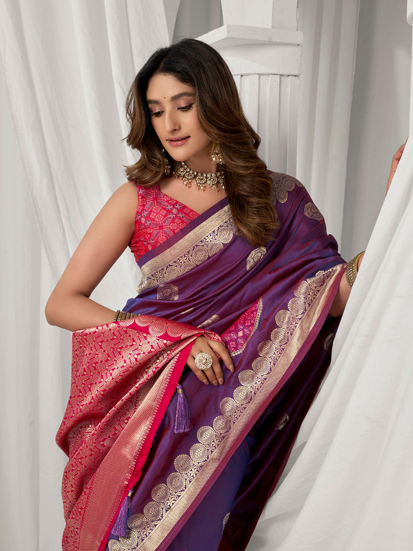 Monjolika Fashion Violet Soft Banarasi Silk Blend Zari Woven Saree with Blouse Piece | Grocsy