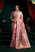 Monjolika Fashion Pink Soft Banarasi Satin Silk With Gold Zari Saree With Blouse Piece | Grocsy