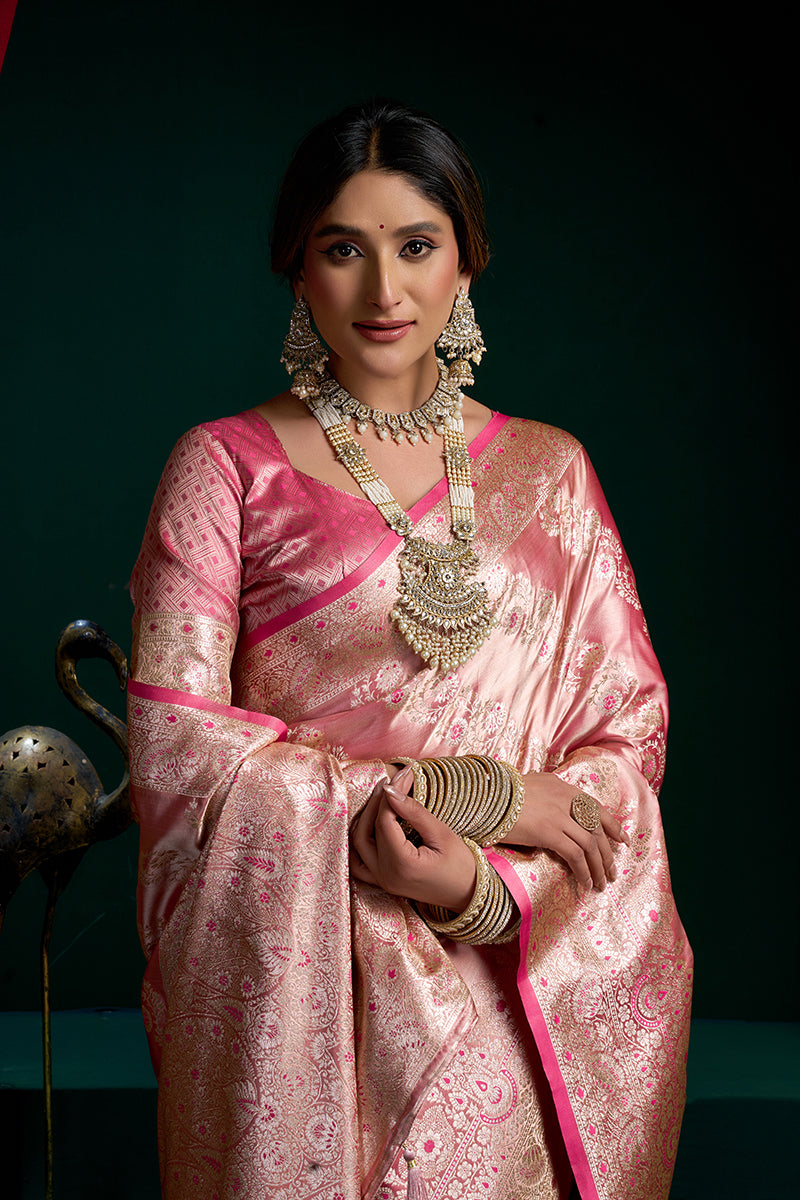 Monjolika Fashion Pink Soft Banarasi Satin Silk With Gold Zari Saree With Blouse Piece | Grocsy