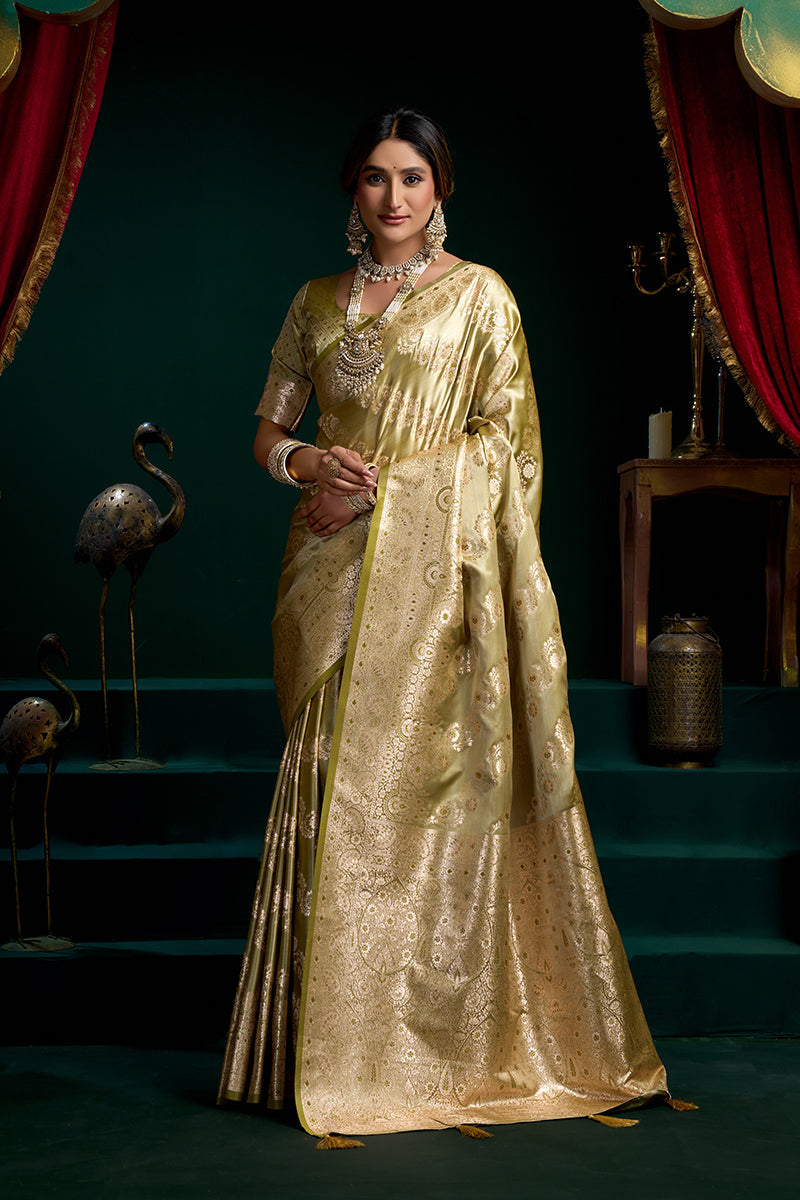 Monjolika Fashion Green Soft Banarasi Satin Silk With Gold Zari Saree With Blouse Piece | Grocsy