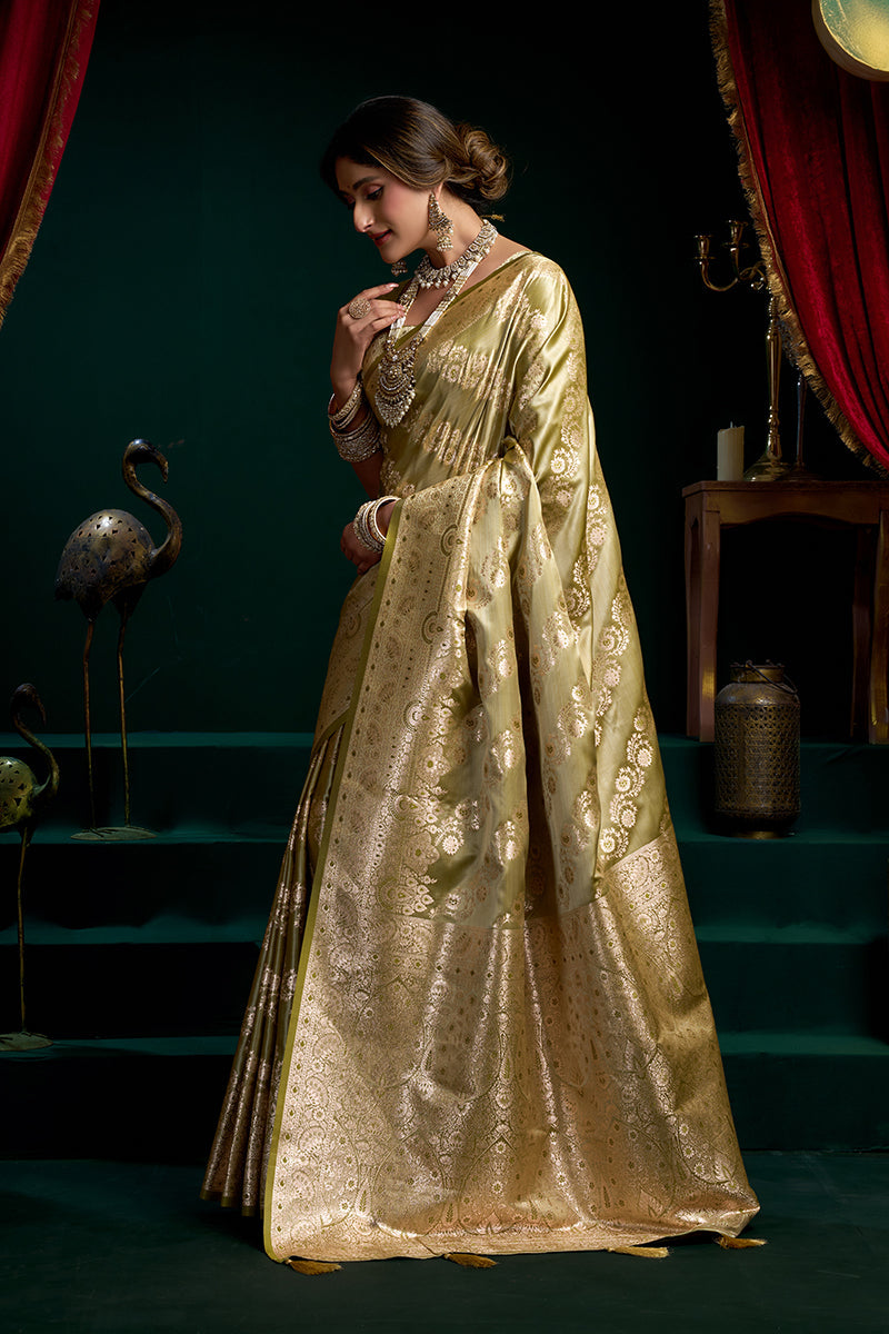 Monjolika Fashion Green Soft Banarasi Satin Silk With Gold Zari Saree With Blouse Piece | Grocsy