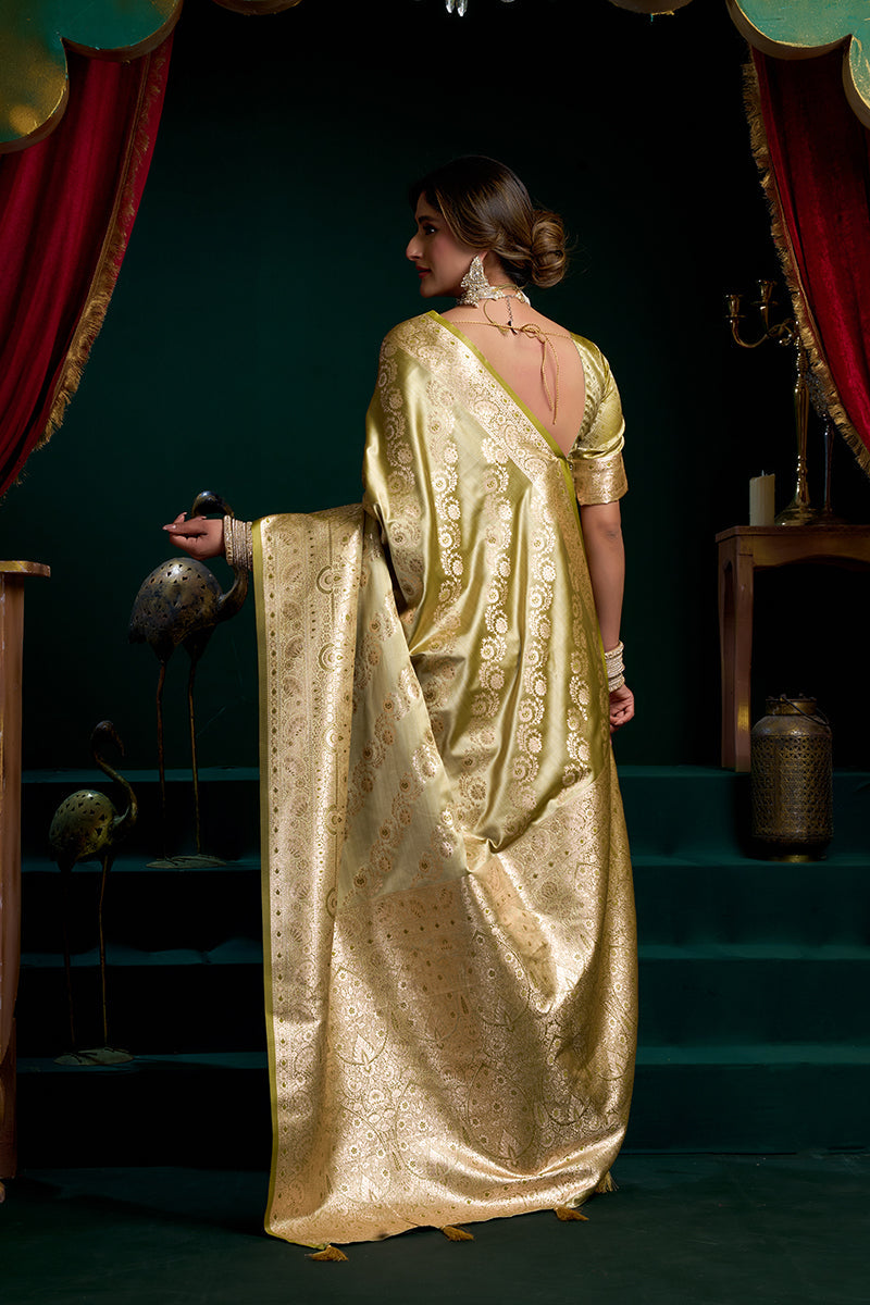 Monjolika Fashion Green Soft Banarasi Satin Silk With Gold Zari Saree With Blouse Piece | Grocsy