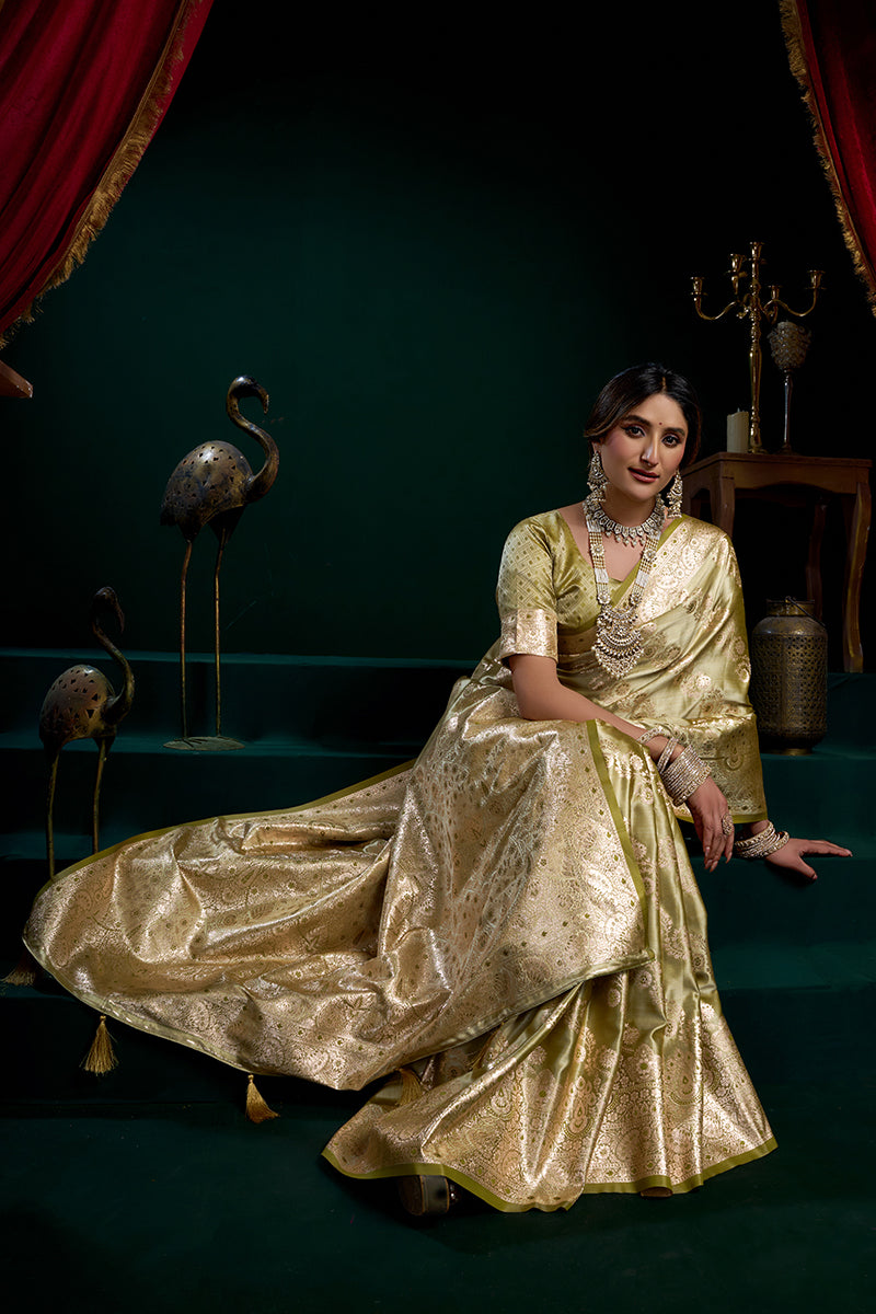 Monjolika Fashion Green Soft Banarasi Satin Silk With Gold Zari Saree With Blouse Piece | Grocsy